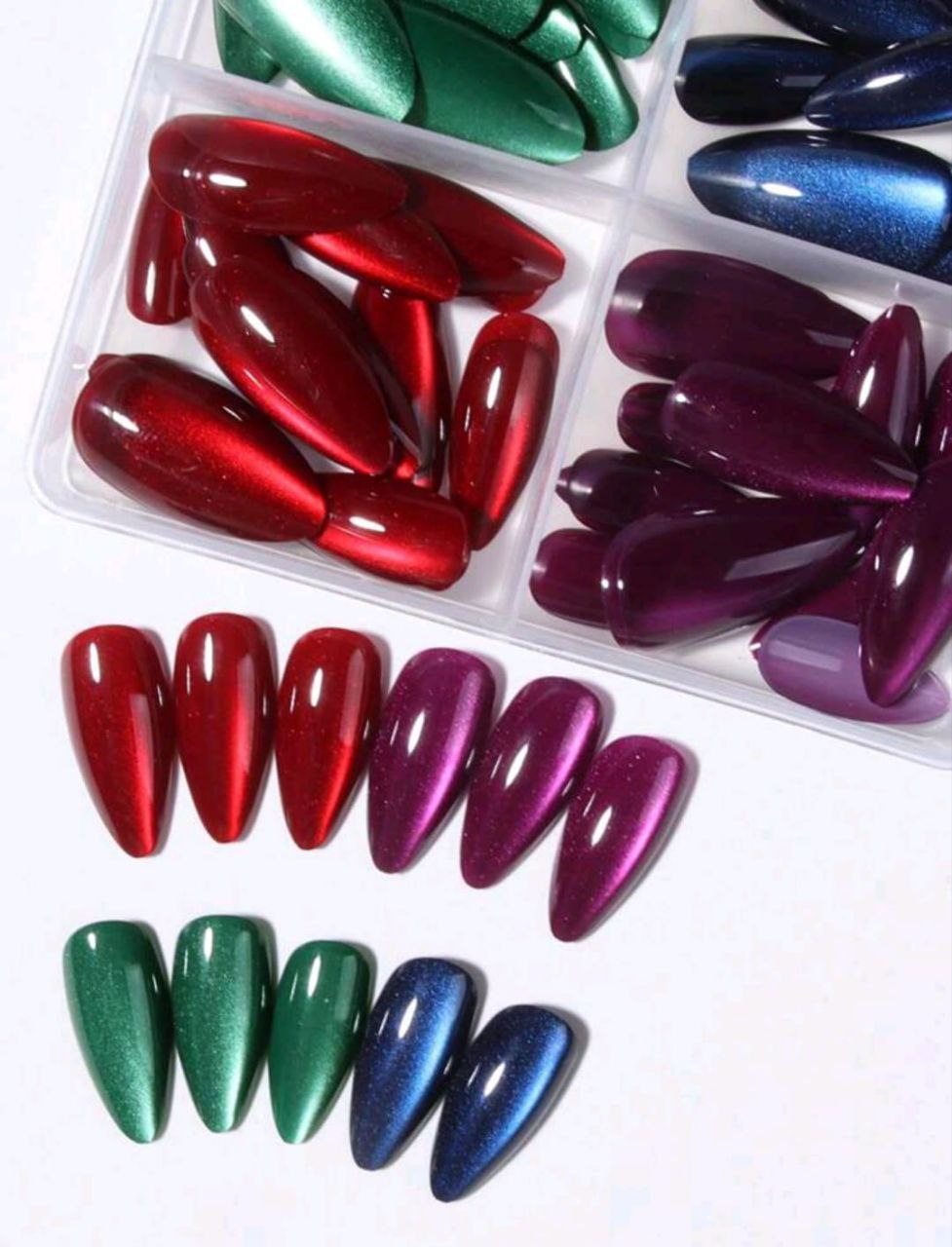 98pcs Y2K Crystal Cat Eye Press-On Nails Set – Glossy Almond Shape | Mixed Colors with Adhesive Tab & Nail File