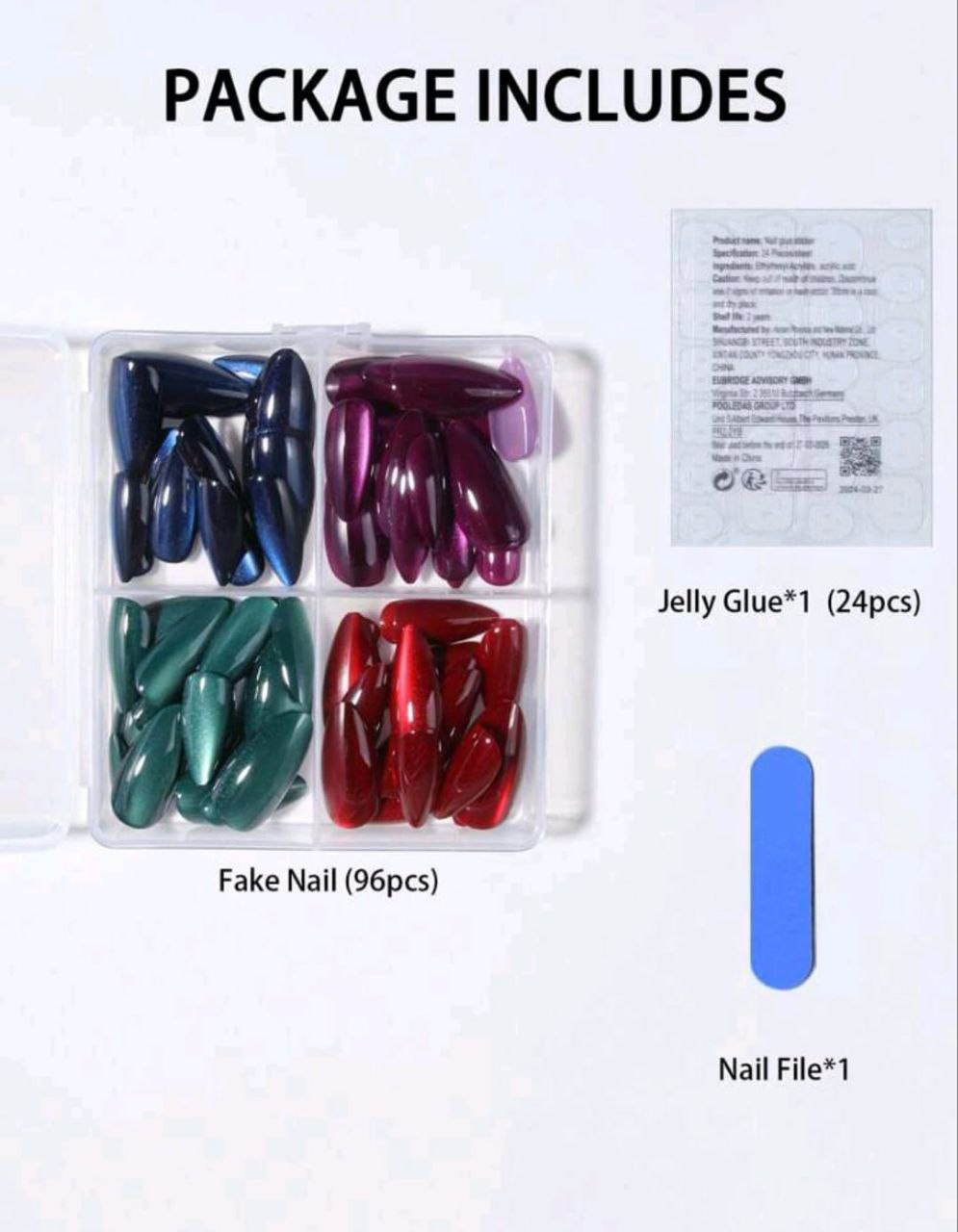 98pcs Y2K Crystal Cat Eye Press-On Nails Set – Glossy Almond Shape | Mixed Colors with Adhesive Tab & Nail File