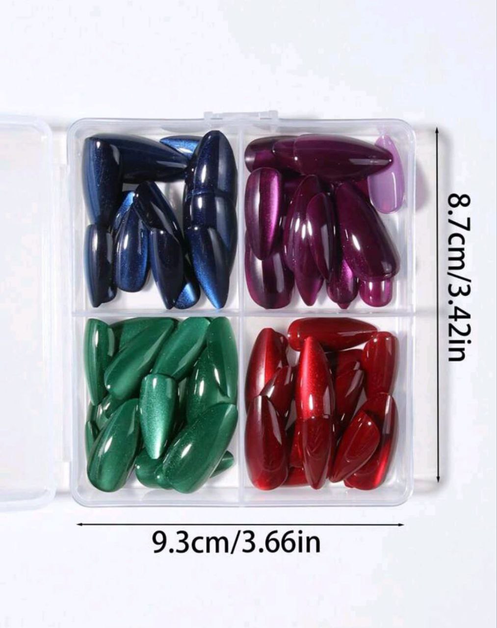 98pcs Y2K Crystal Cat Eye Press-On Nails Set – Glossy Almond Shape | Mixed Colors with Adhesive Tab & Nail File