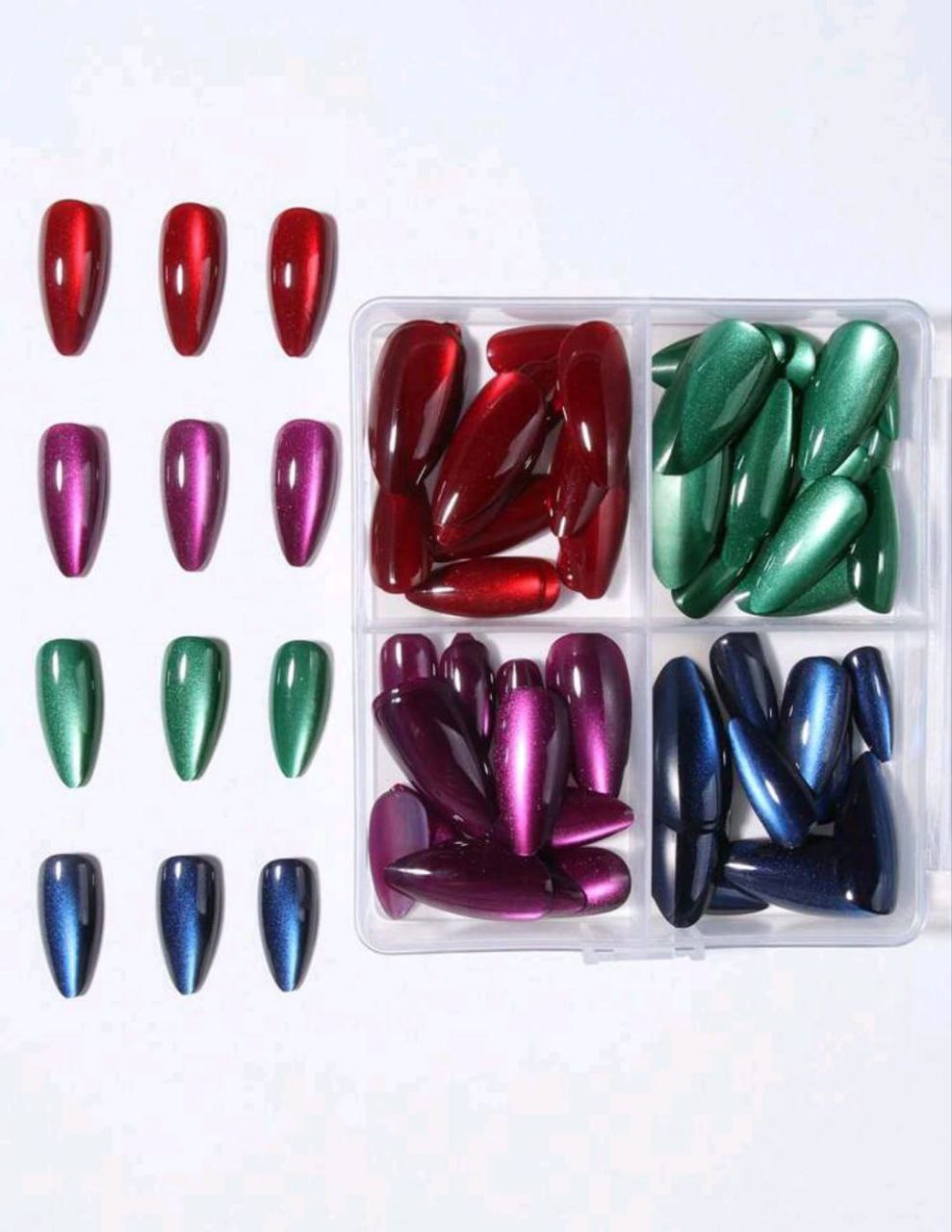 98pcs Y2K Crystal Cat Eye Press-On Nails Set – Glossy Almond Shape | Mixed Colors with Adhesive Tab & Nail File