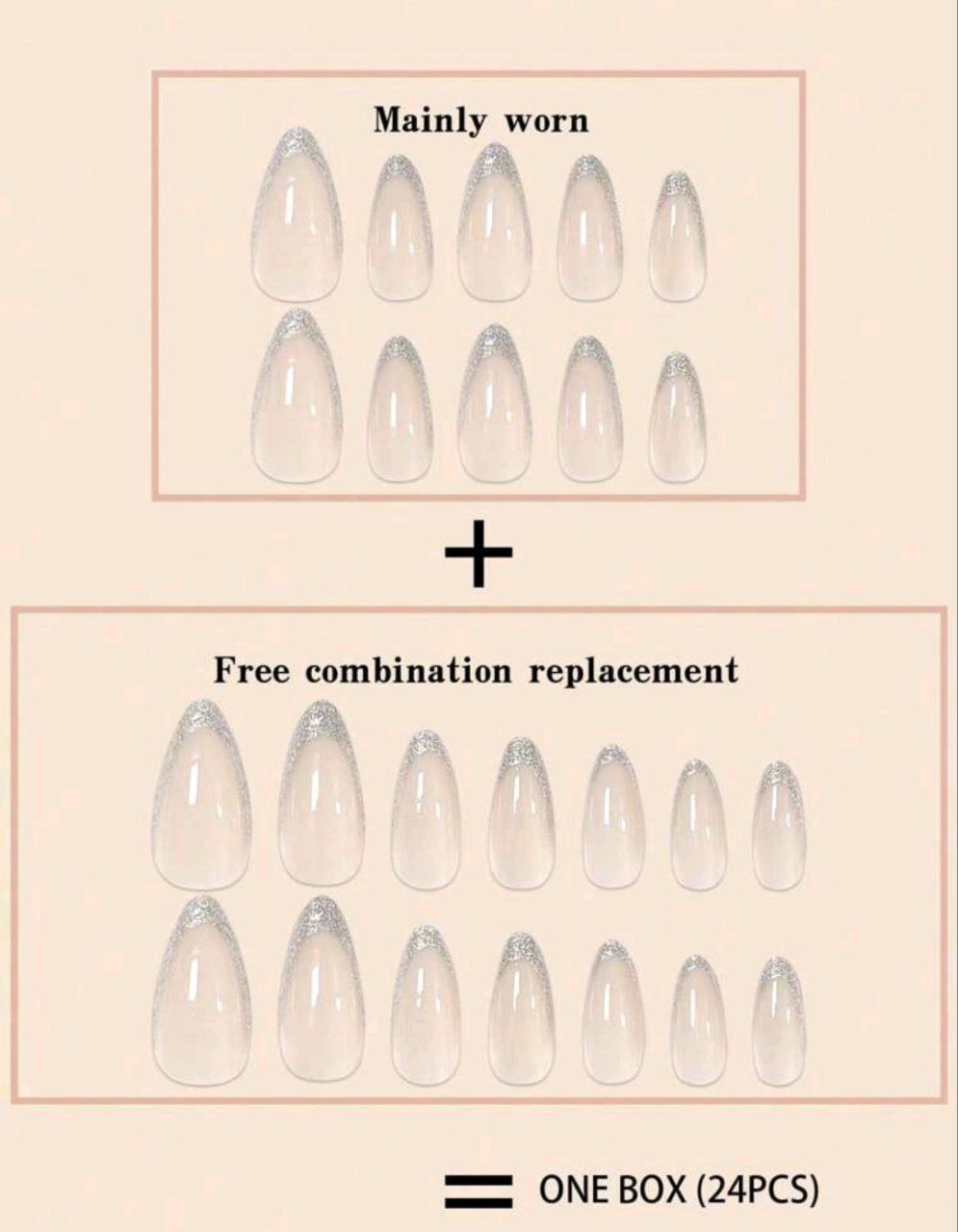 24pcs Almond-Shaped French Press-On Nails | Silver Glitter & Pearl Powder Punk Nail Art Set