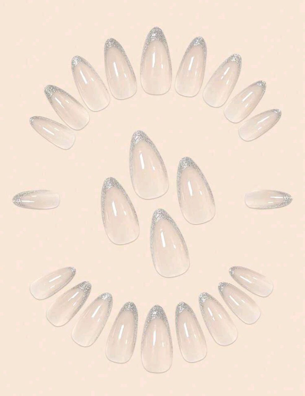 24pcs Almond-Shaped French Press-On Nails | Silver Glitter & Pearl Powder Punk Nail Art Set