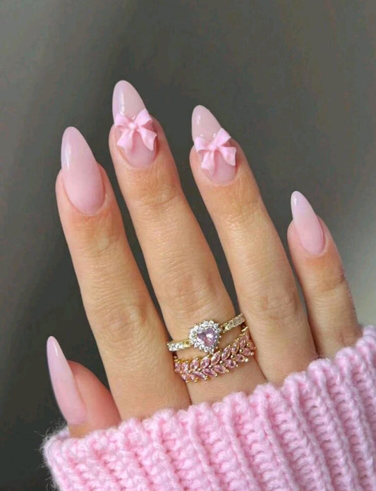 24PCS Long Almond Press-On Nails – Sweet Pink Bowknot Design Nail Kit