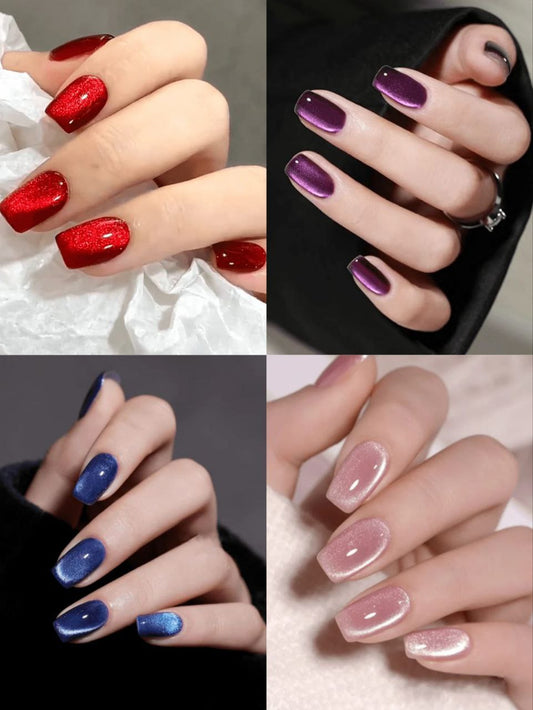 96pcs Glossy Short Square Cat Eye Press-On Nails | Red, Nude, Pink-Blue & Purple Phantom Glitter Set - shein nails