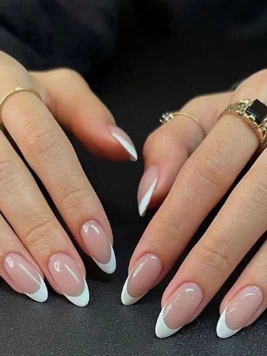24pcs White French Tip Press-On Nails | Medium Long Almond-Shaped Minimalist Full Cover False Nail Set