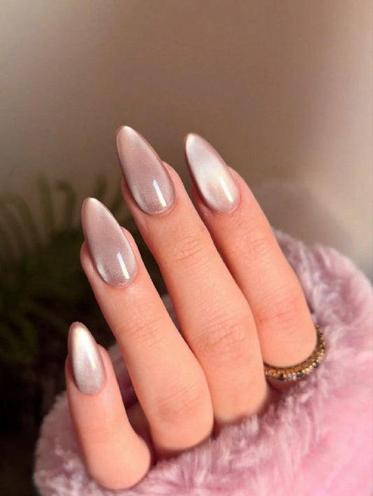 24pcs Y2K Glossy Cat Eye Press-On Nails | Long Almond Dusty Pink Acrylic Nail Set